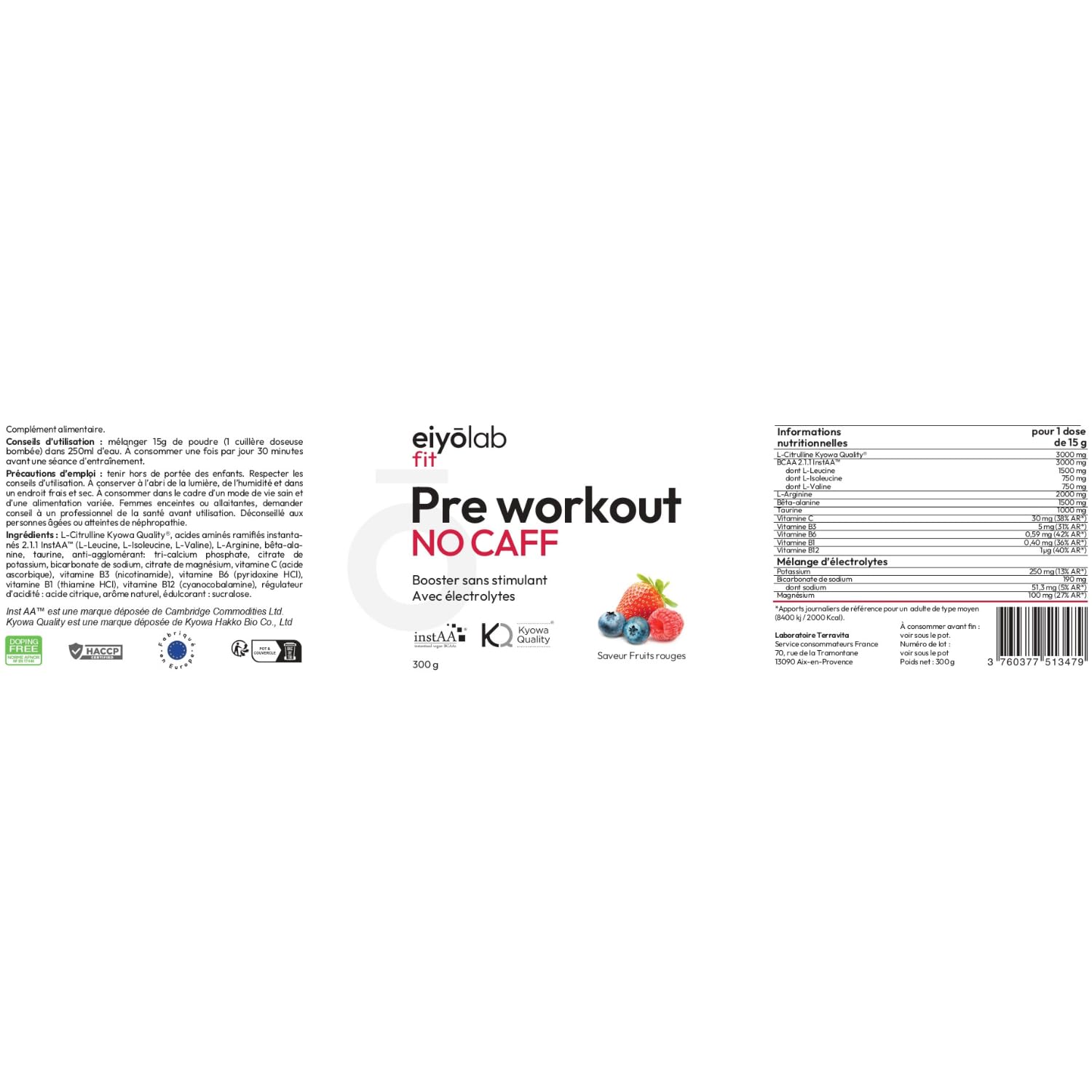 Pre Workout sans Caféine ni Créatine | Citrulline Kyowa et BCAA instantanés | Électrolytes pour Hydratation Optimale | L-Arginine + Bêta Alanine & Taurine | 300g de Poudre Fruits Rouges | Eiyolab