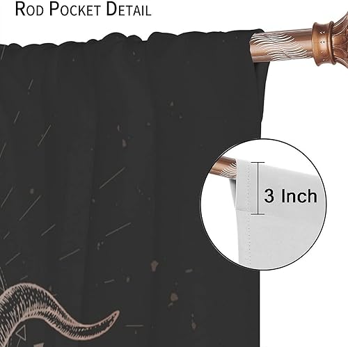 Vista 13 de Cortinas de cabeza de cabra, misteriosa cabeza de cabra malvada, calavera negra, bolsillo para barra, cortinas opacas para ventana, juego de 2