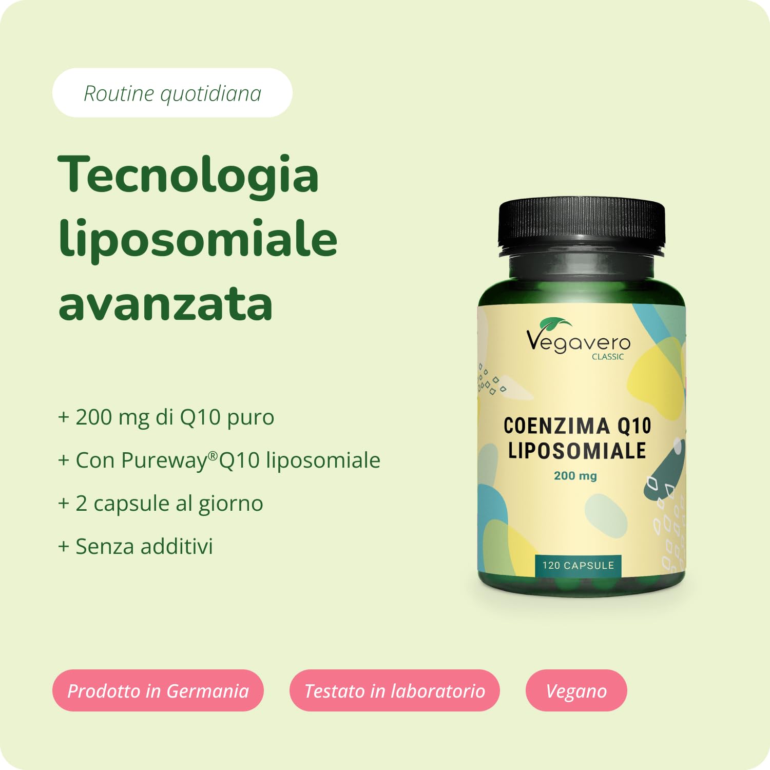 Coenzima Q10 200 mg | Tecnologia liposomiale ad alta biodisponibilità | Precursore dell'ubiquinolo | Potente antiossidante + antietà | Senza additivi e testato in laboratorio | Vegavero®