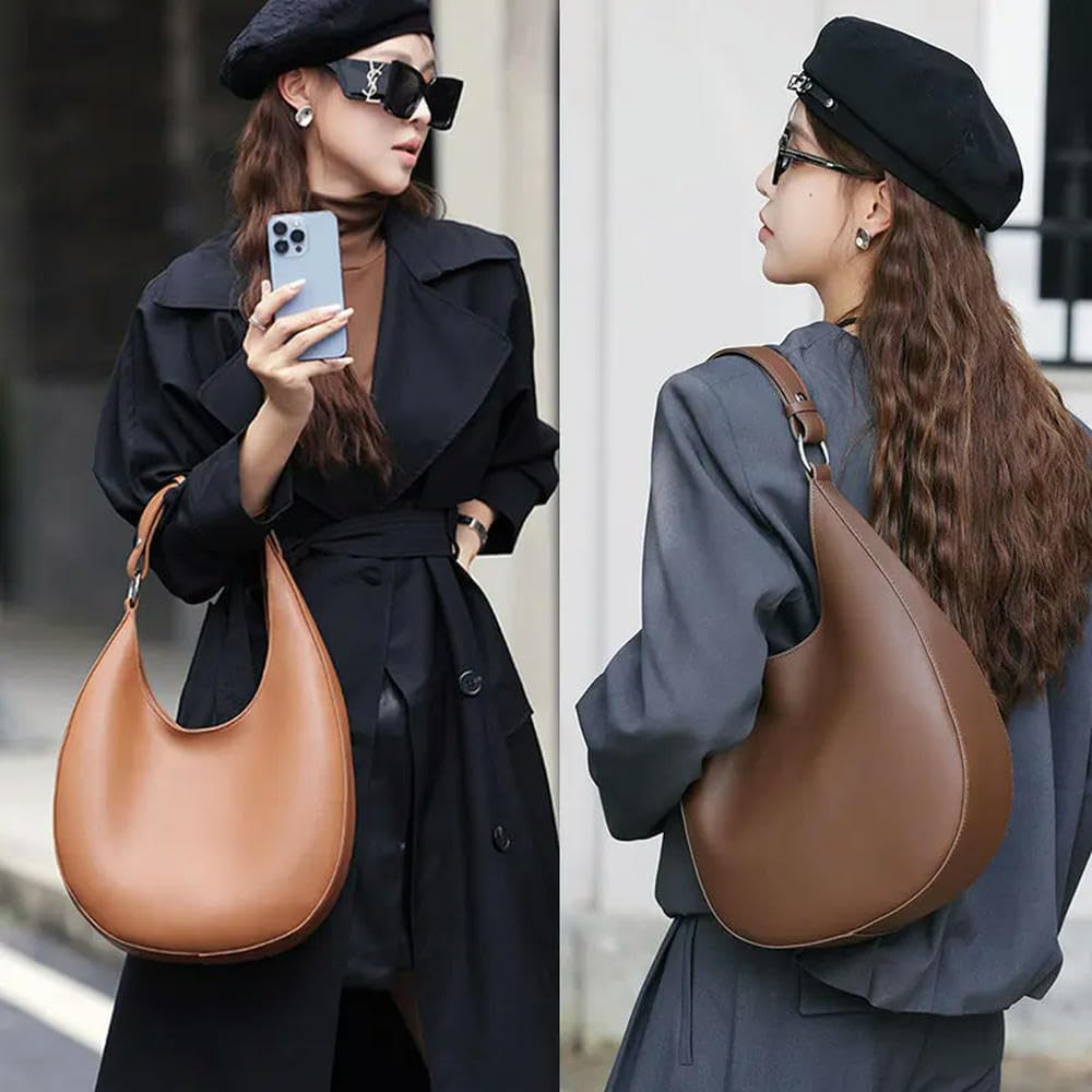 ZBDZSW Bolsos de Mano de Cuero Genuino Bolso de Hombro de diseñador de Lujo de Moda para Mujer Bolsos de Mano de Media Luna de Gran Capacidad de Piel de Vaca de Calidad 2516-Coffee