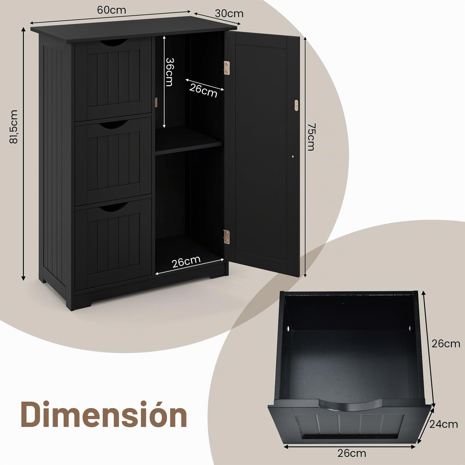 GOPLUS - Mueble de baño con 3 cajones, armario de almacenamiento con puerta magnética, antirrobos y estante ajustable, 58 x 28 x 81 cm, color negro