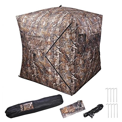 AW Hunting Blind Tent w/Carrying Bag, 2 Person 150D Degree See Through Ground Blinds Portable 58x58x65 Deer Blind Windproof Waterproof, for Deer Hunting Outdoor Sport Shooting Turkey Hunting
