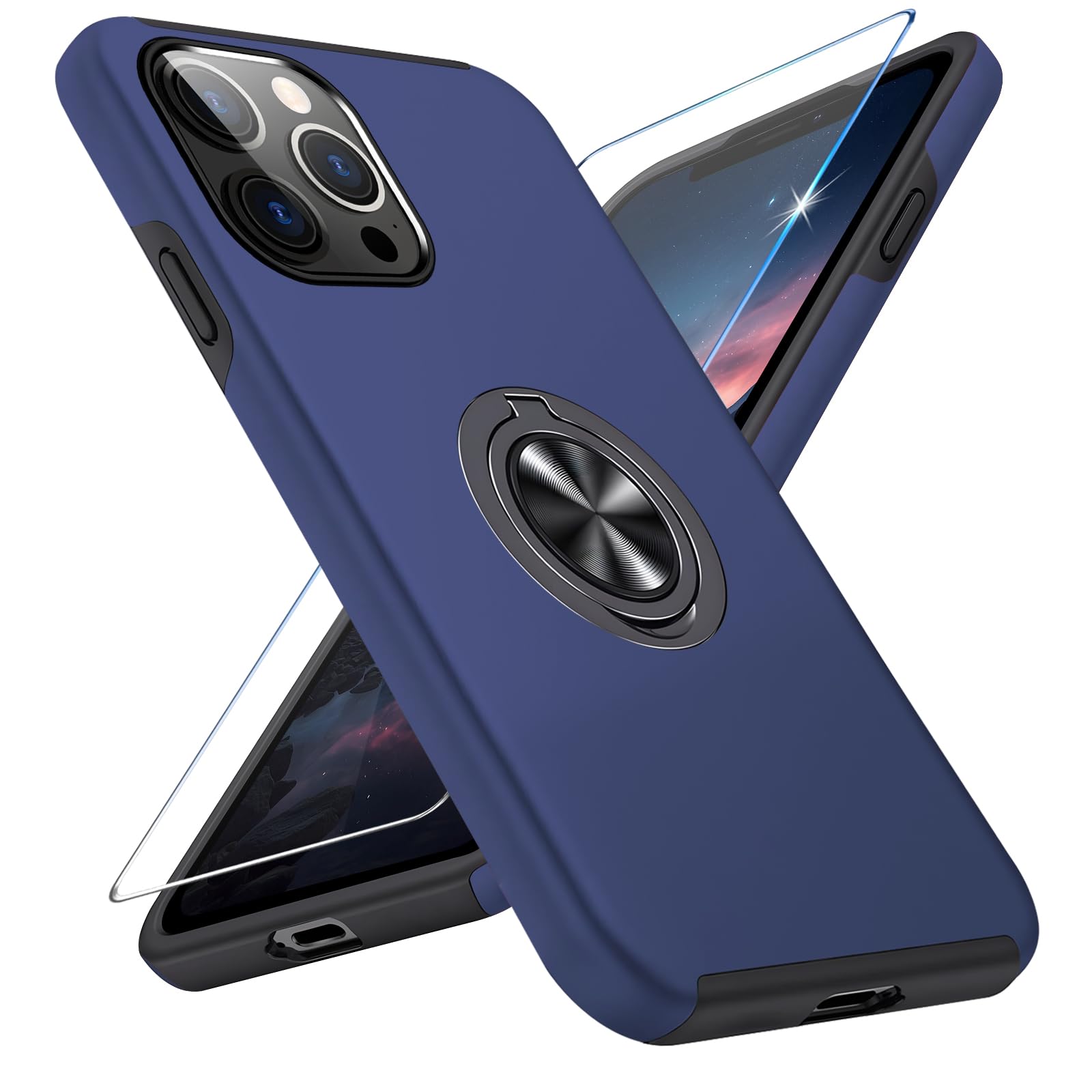 Vaki Handyhülle für iPhone 13 Pro Max Hülle mit Schutzfolie, Schutzhülle Case mit 360° Magnetischer Ring Ständer Kratzfest Fallfestigkeit Stoßfest für iPhone 13 Pro Max Cover (Blau)