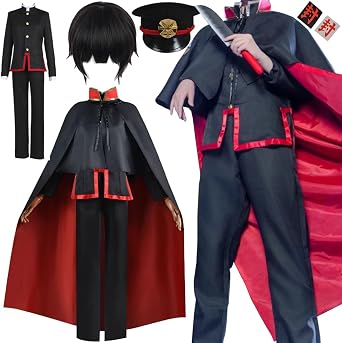 Men Costume Outfit Black Uniform Halloween Suit with Wig