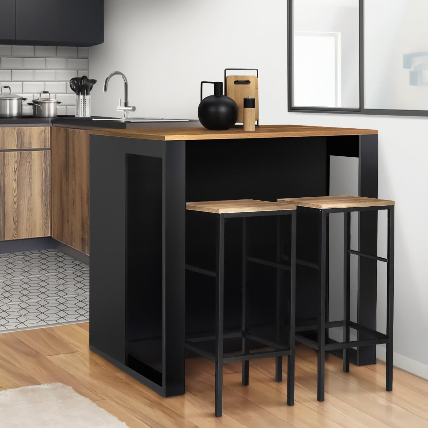 IDMarket - Table de Bar îlot Juno Bois Noir et Plateau foncé Hawkins