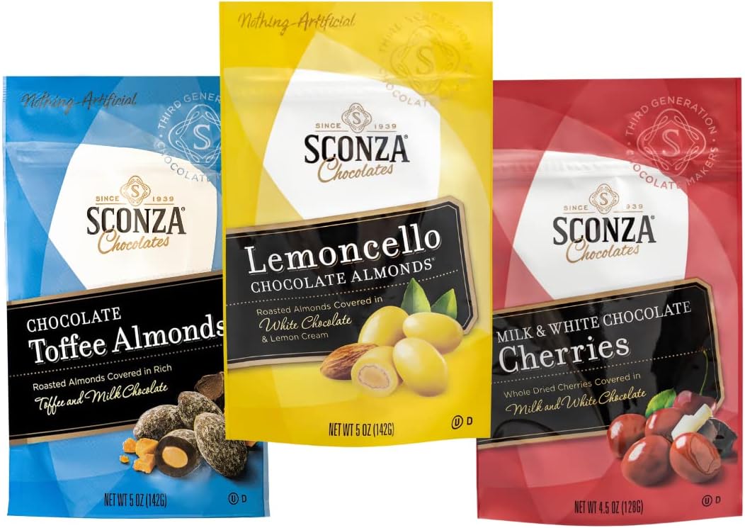 Candy Fan Favorite Mix Pack 3 Pack | Lemoncello Almonds Pack of 1 (5oz), Milk & White Chocolate Cherries Pack of 1 (4.5oz), Chocolate Toffee Almonds Pack of 1 (5oz)