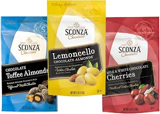 Sconza Candy Fan Favorite Mix Pack 3 Pack | Lemoncello Almonds Pack of 1 (5oz), Milk & White Chocolate Cherries Pack of 1 (4.5oz), Chocolate Toffee Almonds Pack of 1 (5oz)