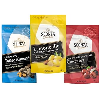 Sconza Candy Fan Favorite Mix Pack 3 Pack | Lemoncello Almonds Pack of 1 5oz, Milk & White Chocolate Cherries Pack of 1 4.5oz, Chocolate Toffee Almonds Pack of 1 5oz