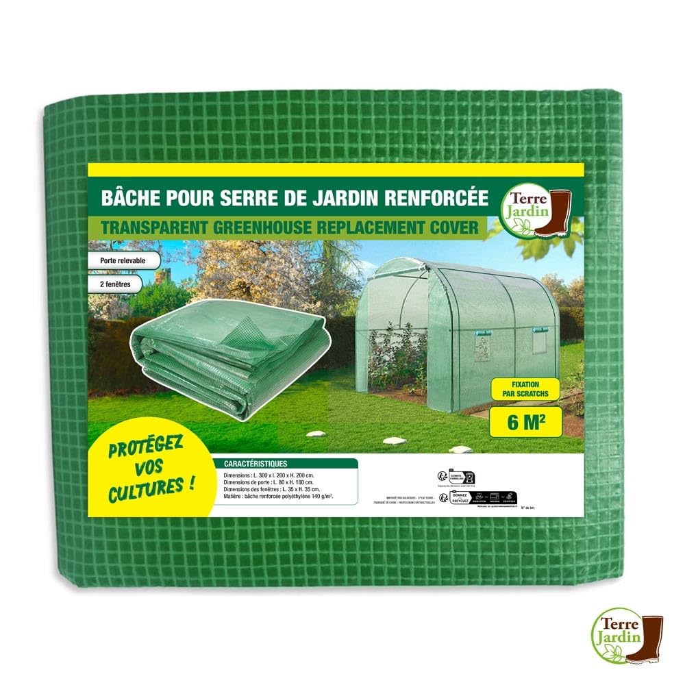 TERRE JARDIN - Bache pour Serre de Jardin, 3 x 2 x 2 m - Bache Serre Tunnel, Polyéthylène Renforcé 140 g/m², Blanche- Bâche Serre, Fenêtres Filet Moustiquaire - 6 m² - Vert