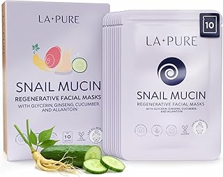 LA PURE Snail Mucin Mask – 10ct Korean Sheet Mask Pack for Signs of Aging, Aid Skin Repair & Hydration – Pure Snail Mask for Face with Collagen & Hyaluronic Acid – Cruelty-Free Hydrating Sheet Mask