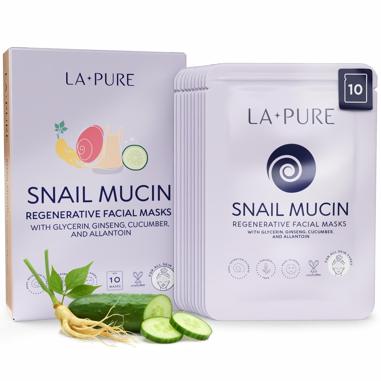 LA PURE Snail Regeneration Korean Facial Mask (pack of 10) 100% Pure Cotton Cupra Sheet Mask, Anti-Aging, Anti-Wrinkle, Hydration Mask, Snail Secretion Filtrate 7000ppm For Deep Moisturizing