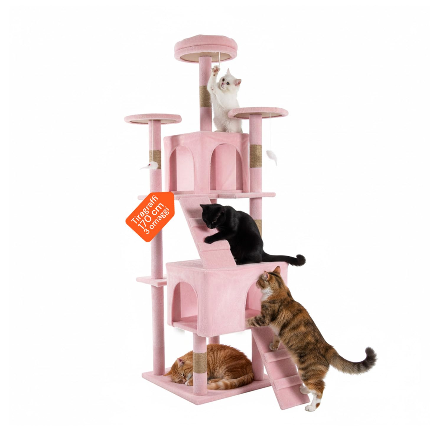 Tiragraffi XXL 170cm con Doppia Cuccia per Gatti Adulti, Albero Giochi in Sisal e Peluche, Piatteforme Relax, Ampio e Sicuro per il Massimo Divertimento dei Gatti Rosa