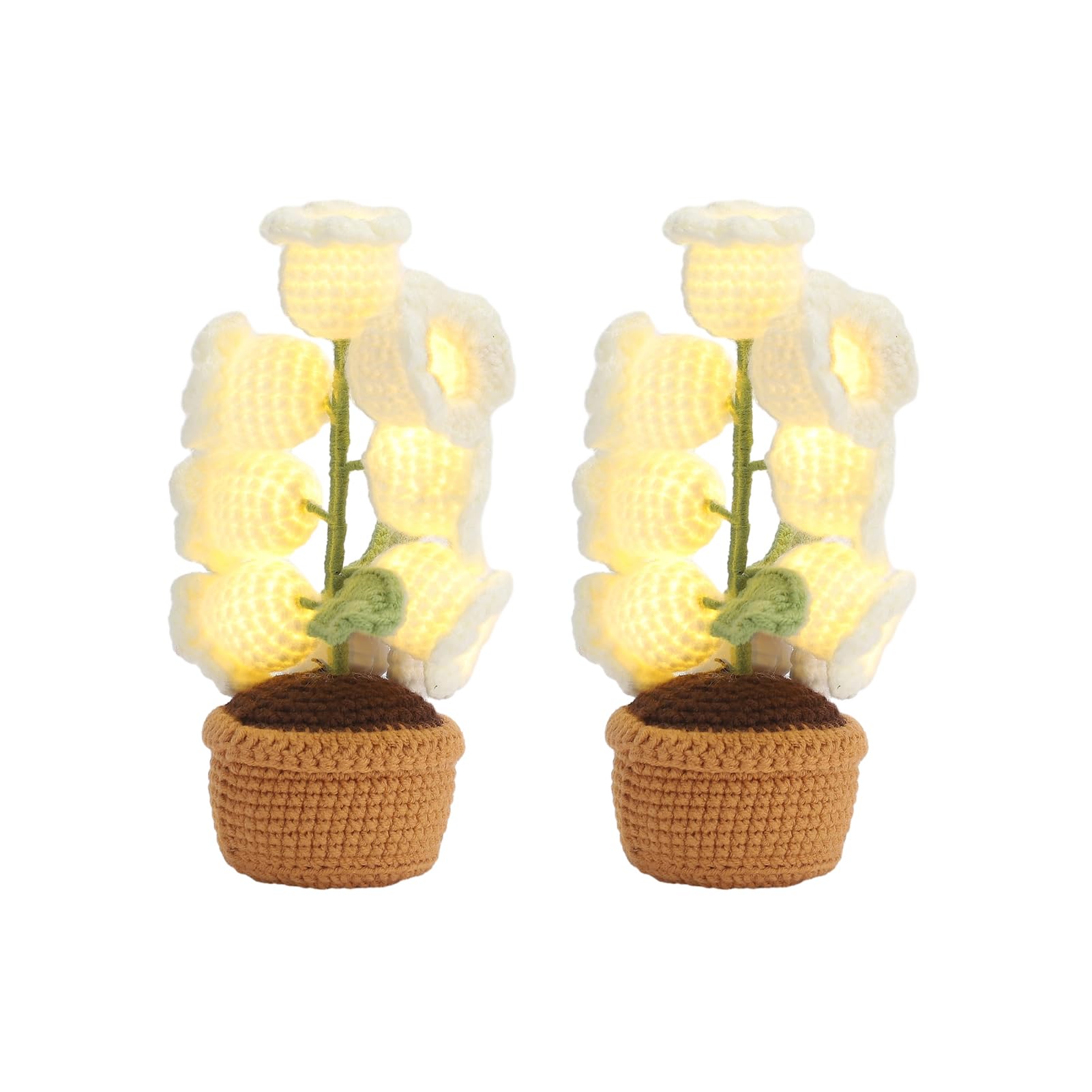 BEIJIALY 2PCS White Crochet Lily of Valley Potted Table Lamp, Rustic Artificial Flower with Night Light, 14 x 8 cm / 5.51 x 3.15 inch