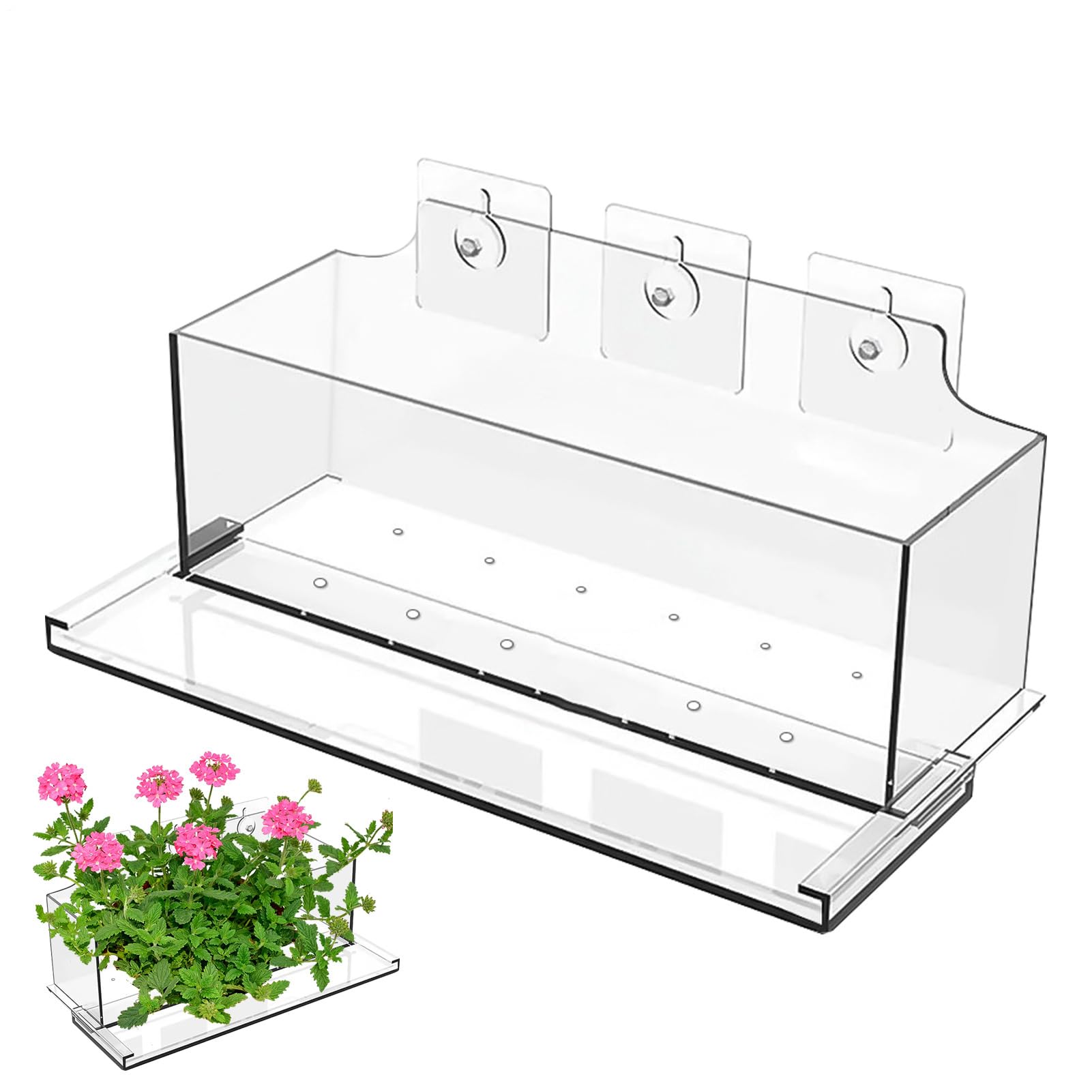 Yiohejy Window Boxes, Window Suction Planter, Flowers Shelves, No Drilling Acrylic Transparent Container, Garden Plant Pot With Drainage Holes And Trays
