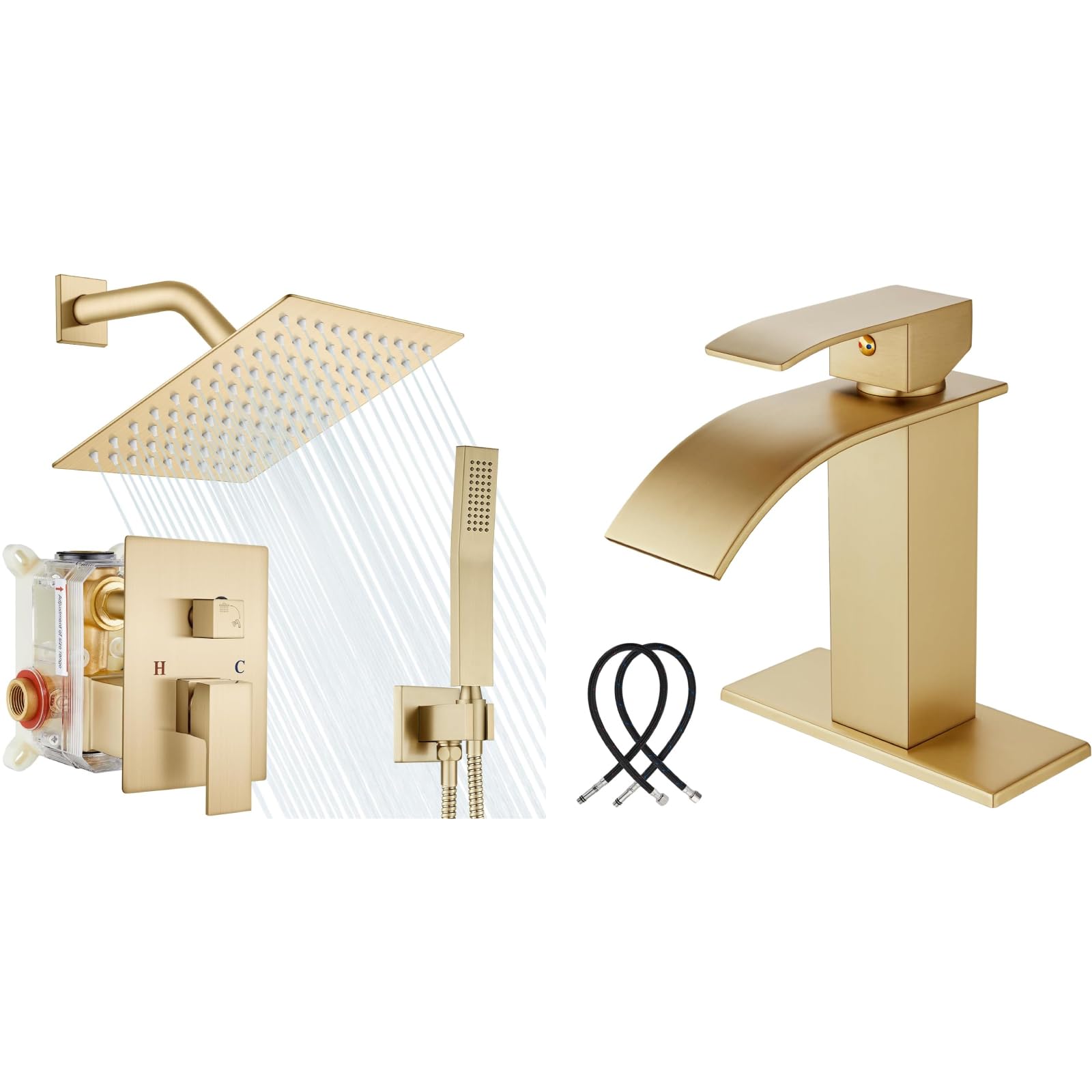 Hcfyauis Gold 8 Inch Brushed Rain Shower System Square Rainfall Showerhead With Brushed Waterfall Spout Bathroom Faucet Modern Single Handle Bathroom Sink Faucet