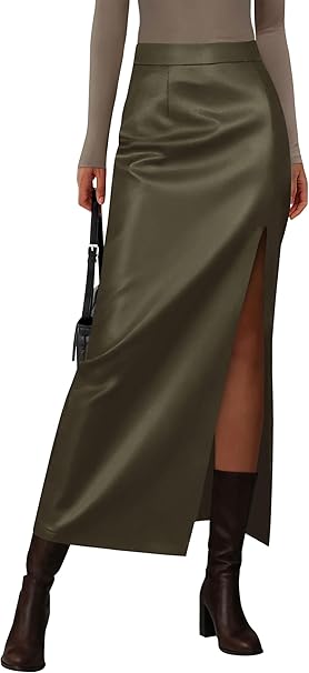 PRETTYGARDEN Womens Faux Leather Skirts 2025 Fall Fashion Bodycon High Waisted Slit Work Office Winter Maxi Long Pencil Skirt