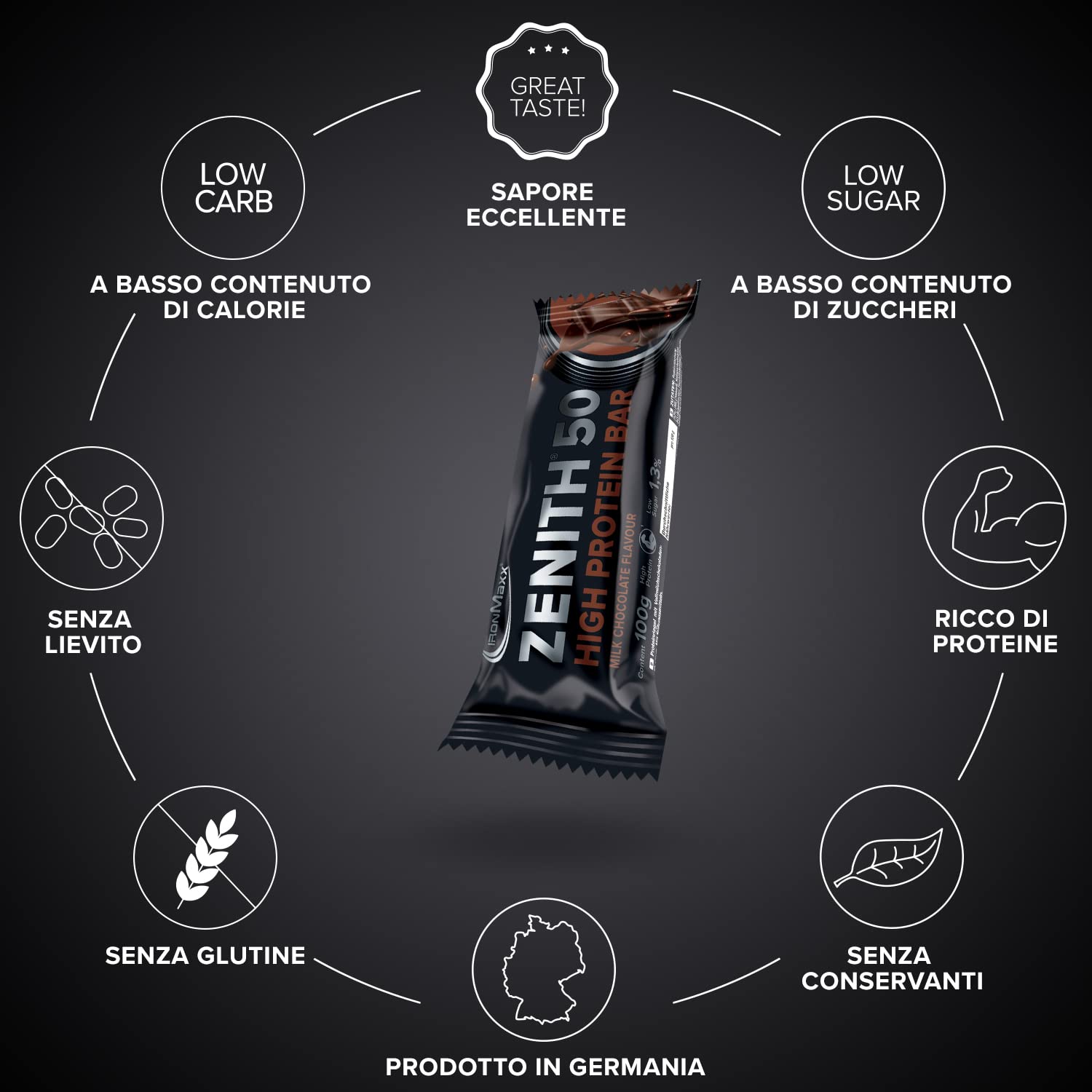 IronMaxx Zenith 50 High Protein Bar - Cioccolato al latte 12 x 100g | Barrette proteiche con 50% di proteine | Low carb, low sugar, con aminoacidi essenziali.