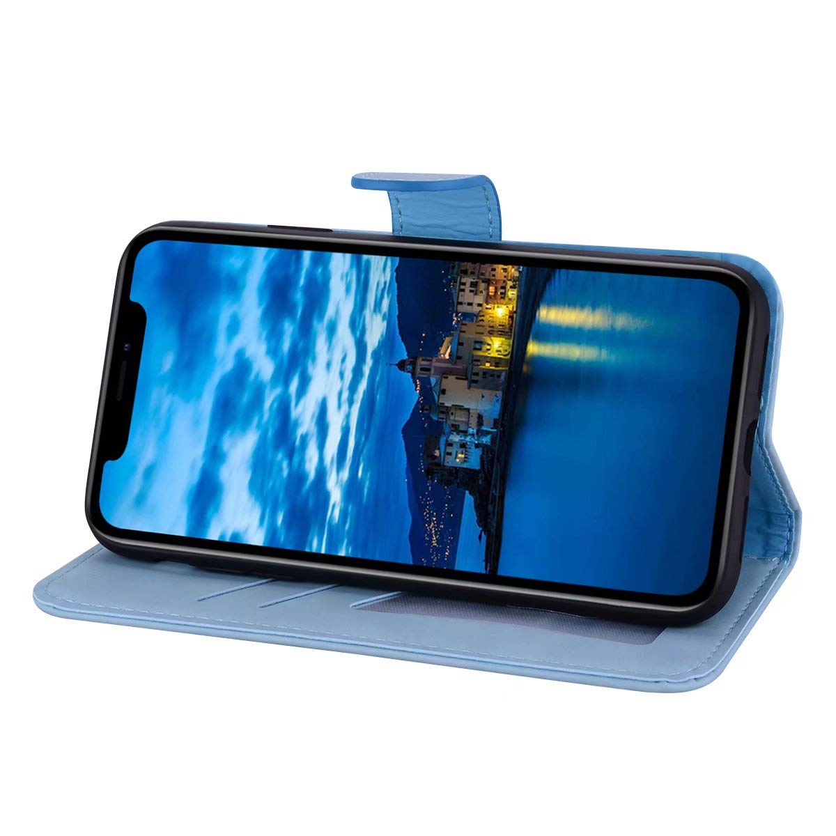 Housse Portefeuille Pour Huawei P30 Lite - Cuir PU Et Jean, Avec Fentes Pour Cartes Et Stand - Fermeture Magnétique - Bleu Profond