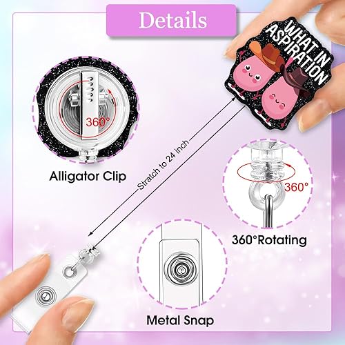 Miniatura 4 de ERHACHAIJIA What in Aspiration - Carrete retráctil con purpurina negra con clip, divertido portatarjetas de identificación de pulmones de dibujos