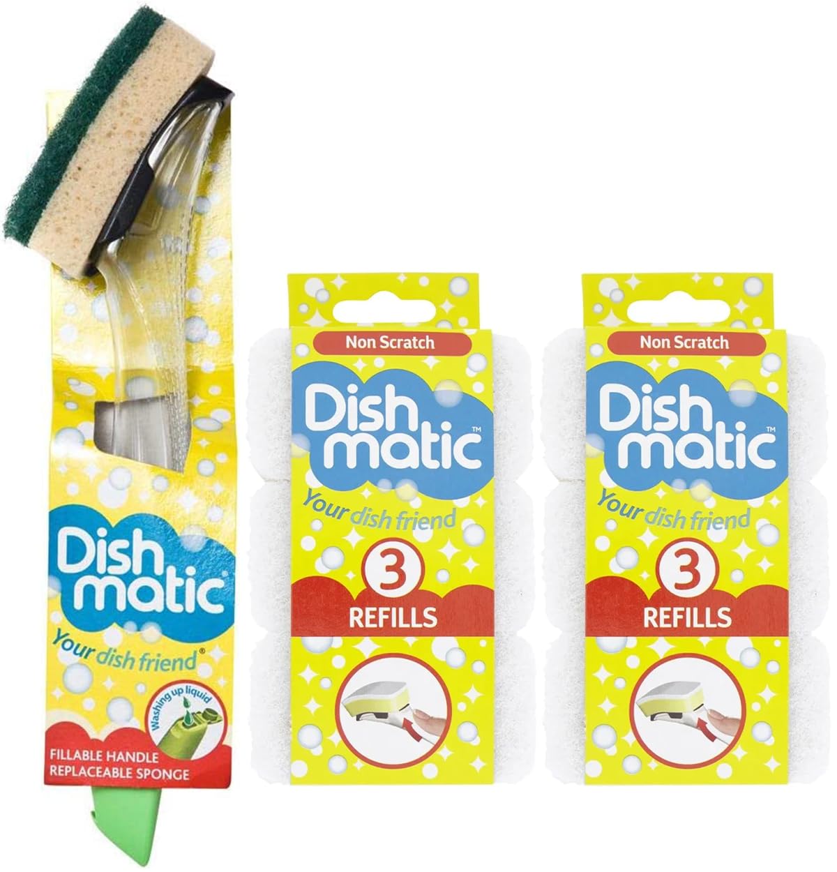 Topest Yellow Fillable Washing Up Brush [ Easy Grip Dish Cleaner] - With 6X Non Scratch Sponge Refills -Ideal For Glassware And Delicate Surfaces