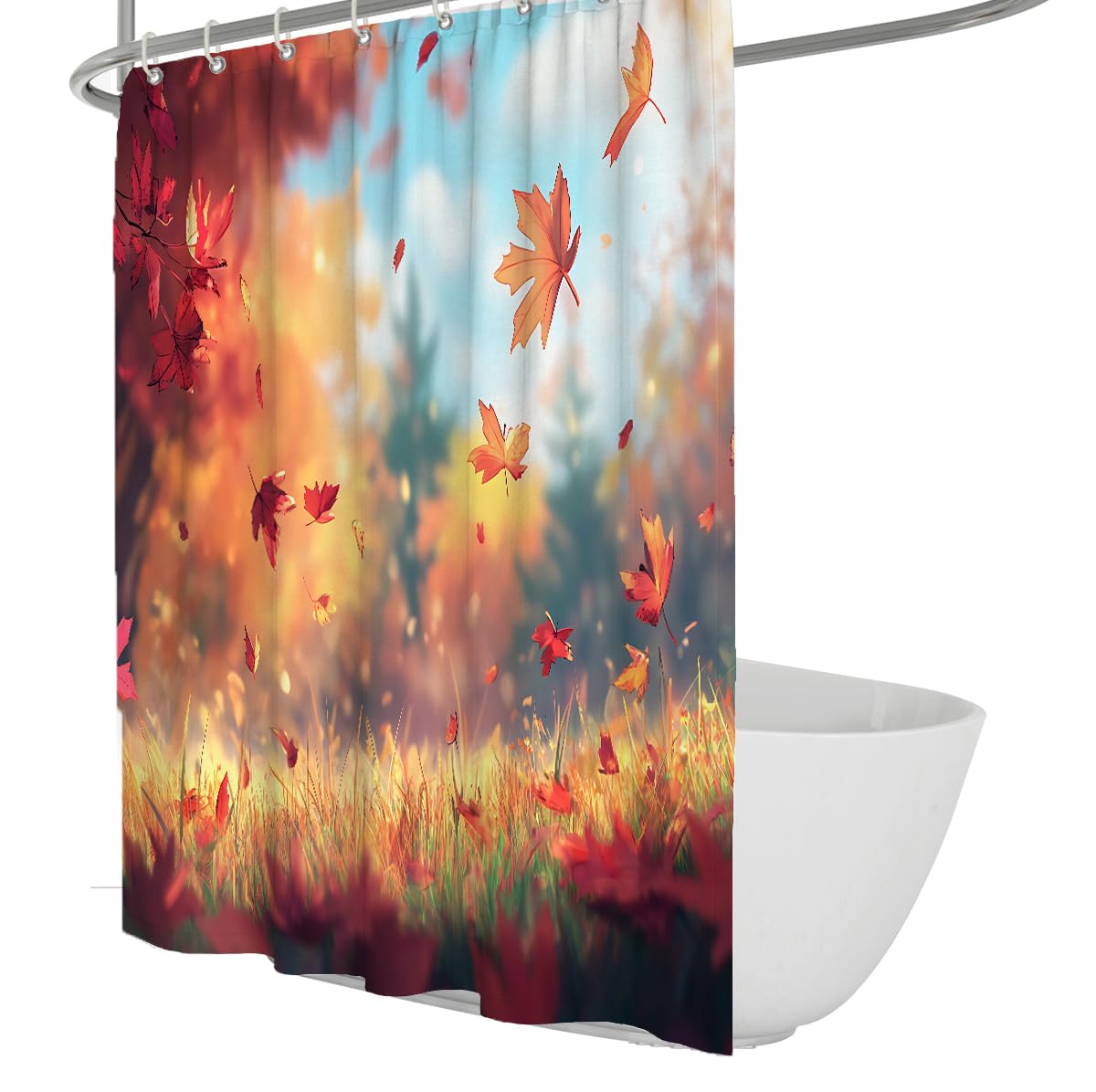 UERWOWELL Fall Forest Shower Curtain Red Orange Tree Leaves Landscape Fabric Bath Curtain Waterproof Washable Romantic Chic Bathroom Decorative with Hooks W100xL180 cm