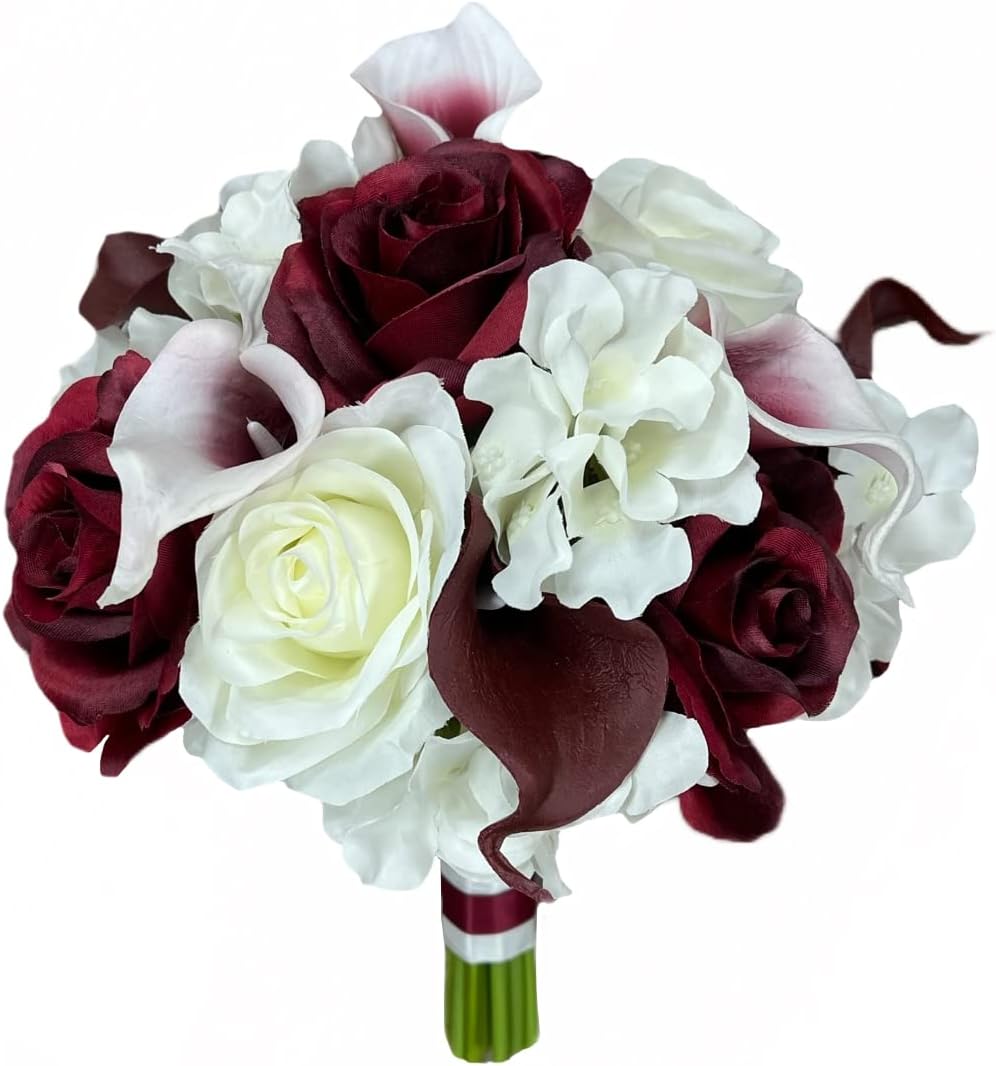 Angel Isabella Beautiful Hand-Tied Bouquet-Hydrangea Rose Calla Lily-Colors in Navy Wine Burgundy Fuchsia Raspberry Mint Spa Coral Turquoise Horizon Blue (Ivory/Red, 7.5")