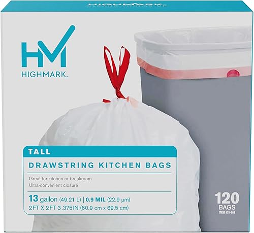 Highmark Bolsas de basura con cordón de 0.9 mil, 13 galones, blanco, caja de 120, DP848808