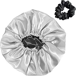 Touca de Cetim Duplo Tecido Com Ajuste Ajustavel Para Cabelo AntiFrizz Conforto Para Dormim Hidratado Toca Color + Xuxinha de Cetim Frufu Rabico (Cinza)