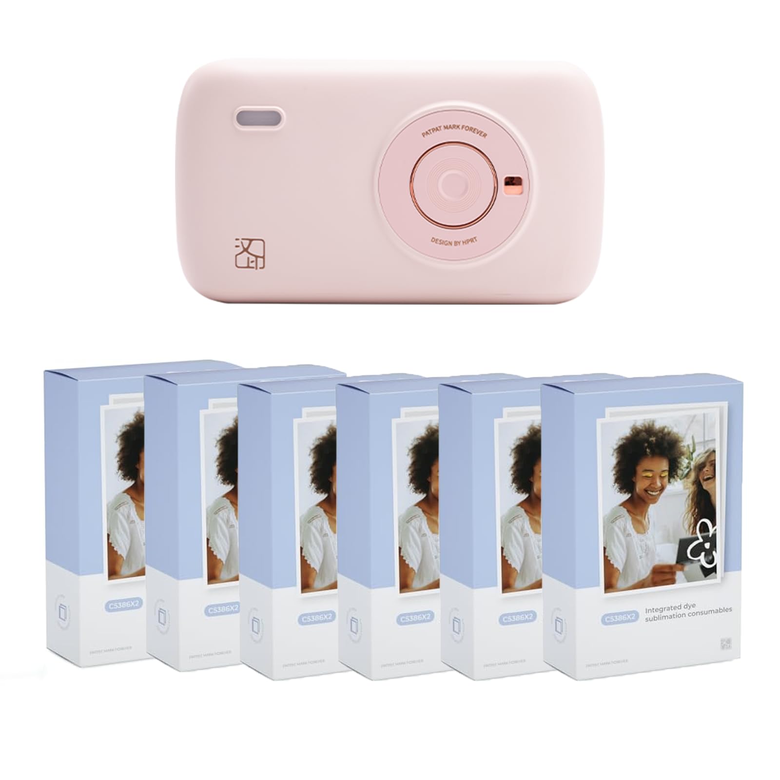 HPRTCP2100 Portable Mini Photo Printer, Dye Sublimation, 300 DPI, Pink, Bluetooth 5.0, 2x3 Inch Photos, 130 Sheets Included