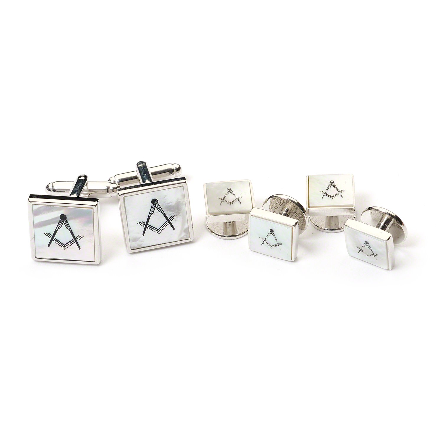 The Masonic Collection Manschettenknöpfe aus Perlmutt und Hemdnieten – Silber rhodiniert – Lieferung in Manschettenknopf-Box/Samtbeutel – hochwertiges Geschenk für Männer, Stein