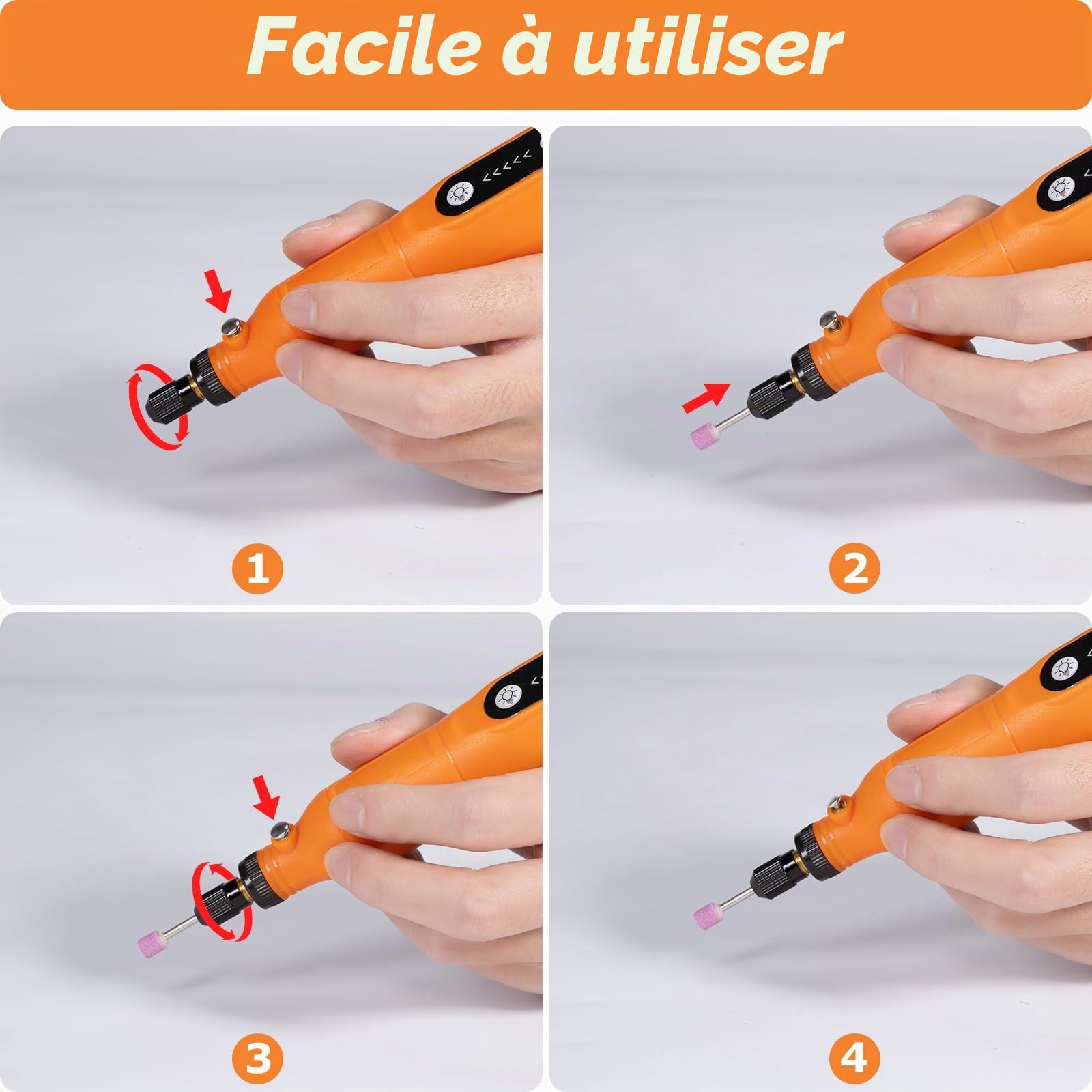 Outil Multifonction sans fil avec Lumière LED, Mini Perceuse 3 Vitesses (5000-15000 rmp), Mini Ponceuse kit 3,7 V avec 58 Accessoires pour Percer Graver Polir Poncer Dérouiller