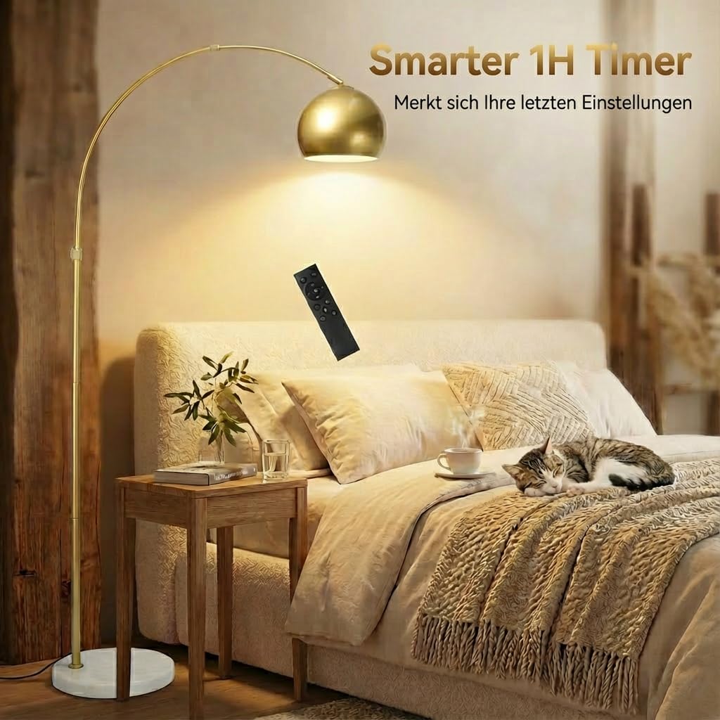Stehlampe Wohnzimmer Dimmbar Gold, Modern Glockenschirm Design LED Stehleuchte mit Fernbedienung, Timer, 3 Lichtmodi und Speicherfunktion, 175cm Höhenverstellbar Bogenlampe Fußschalter Schlafzimmer