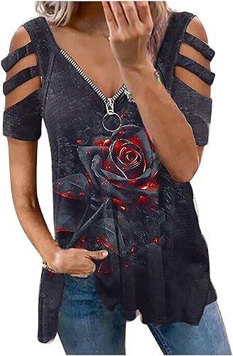 Blusas de verano para mujer, estilo casual, con hombros descubiertos, con cremallera de moda, cuello en V profundo, estampado floral