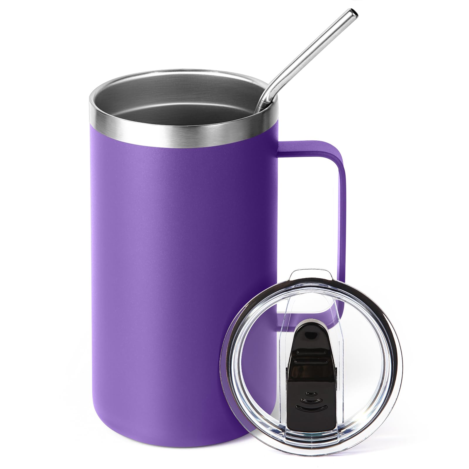 Volhoply 650ml (22oz) Insulated Coffee Mug with Lid and Straw, Stainless Steel Travel Mugs with Handle, Leak Proof Double Wall Coffee Cup for Hot and Cold Drinks (Purple,1 Pack)