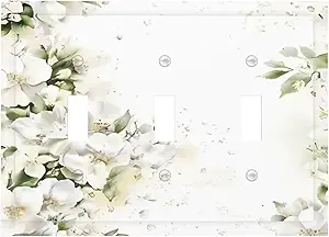 Decorative Switch Plate Covers Rustic Ink Green Leaves White Florals Flower 3 Gang Light Switch Cover Plate Triple Toggle Wall Plate Light Switch Covers for Bedroom Home Decor