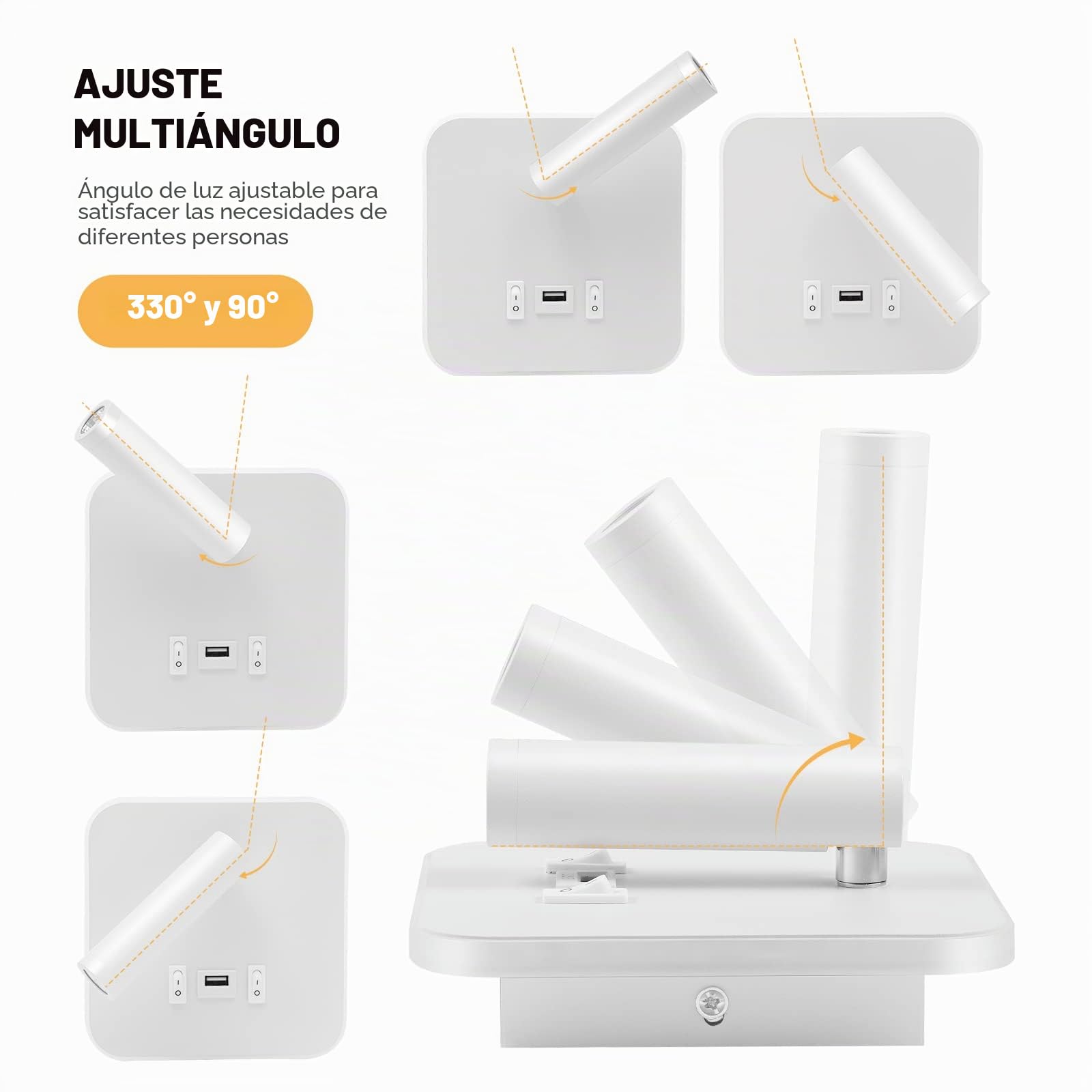 Weigudoc Lámpara de Pared LED, Luz de Lectura Junto a la Cama, Aplique de Pared Cabecera Ajustable, con Puerto de Carga USB e Interruptor, Luces de Pared de Pasillo (luz cálida 3W + 9W)(Blanco 2pcs)