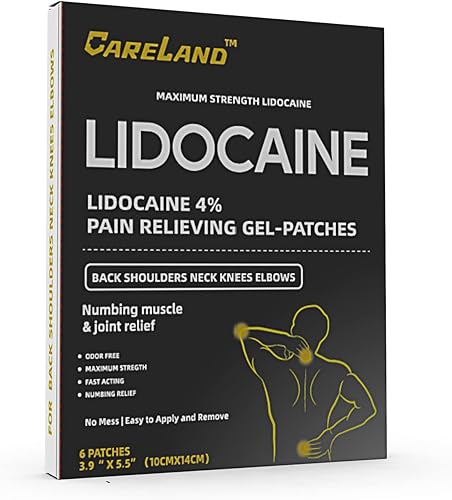 CARELAND Parche de gel de lidocaína al 4%, 6 unidades | Parches de dolor de máxima fuerza para alivio muscular en cuello, rodilla, espalda y hombros