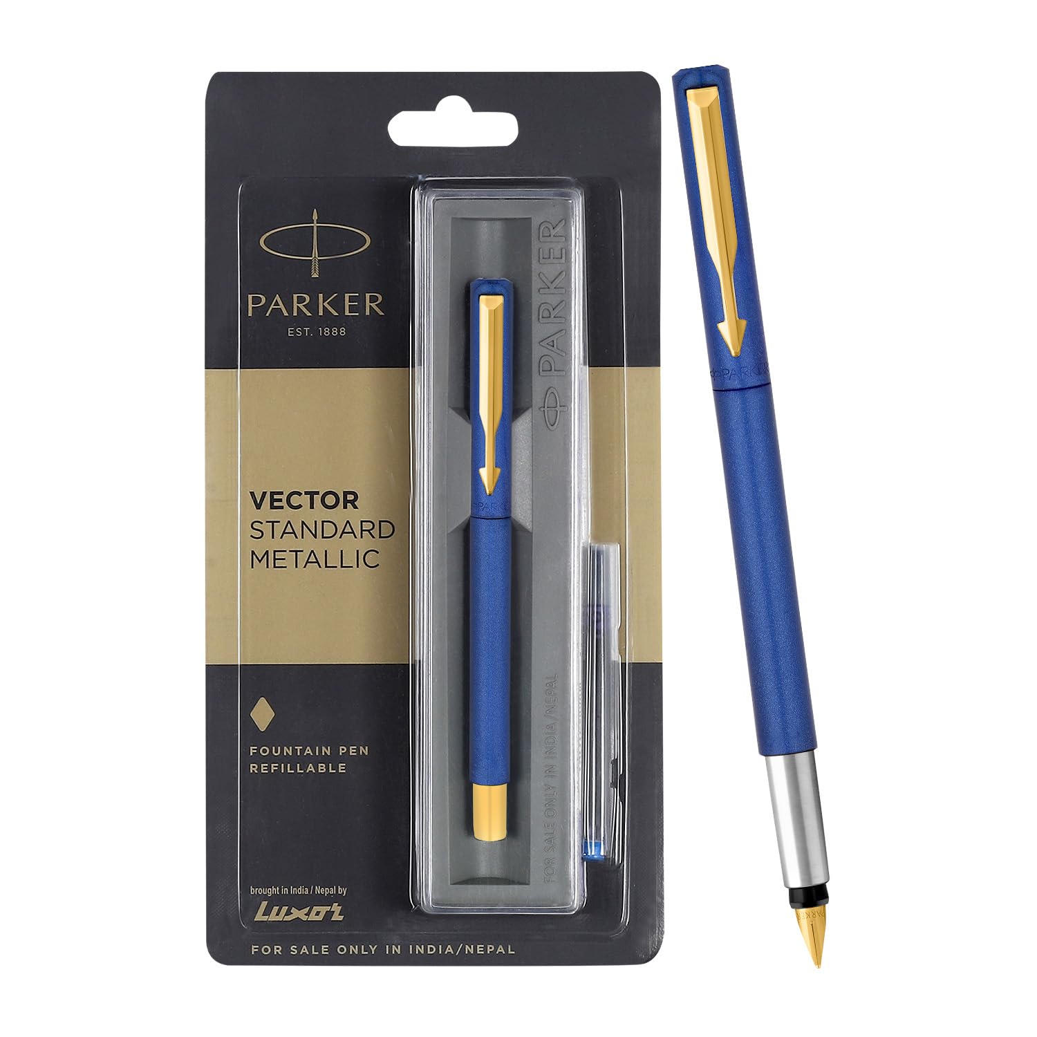 Parker Vector Standard Gold Trim Fountain Pen| Metallic Blue Body Colour| Ink Colour  Blue