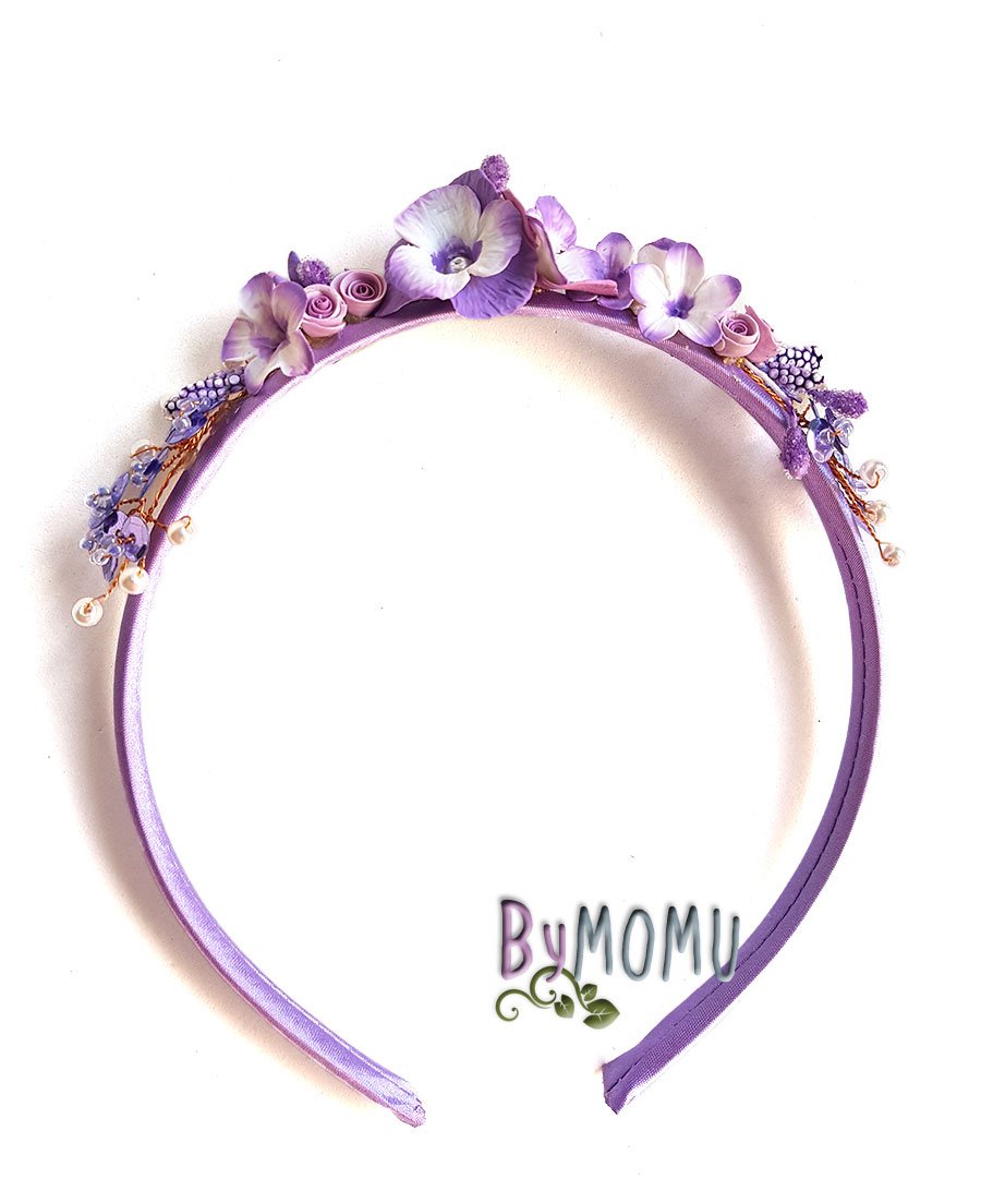 Stirnband für Mädchen mit Violett Blumen der russischen Porzellan Erstkommunion - Handgefertigt -
