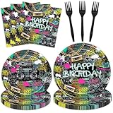 Joliaco 96 Pcs Graffiti Brick Wall Birthday Party Tableware Set Hip Hop 80's 90's Birthday Disposable Paper Plates and Napkins 90s Retro Music Birthday Party Supplies for 24 Guests