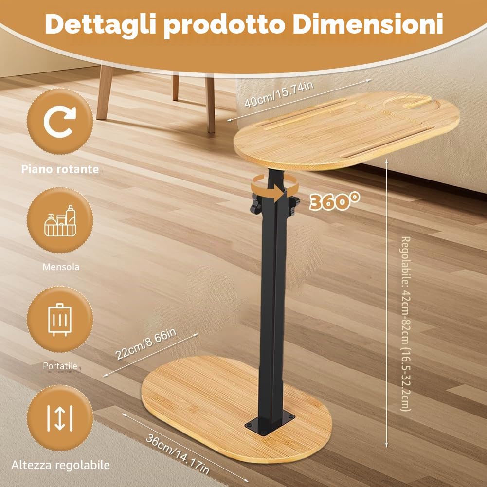 Tavolino piccolo a forma di C regolabile in altezza, in legno e metallo, per soggiorno, letto e divano, da caffè, da salotto