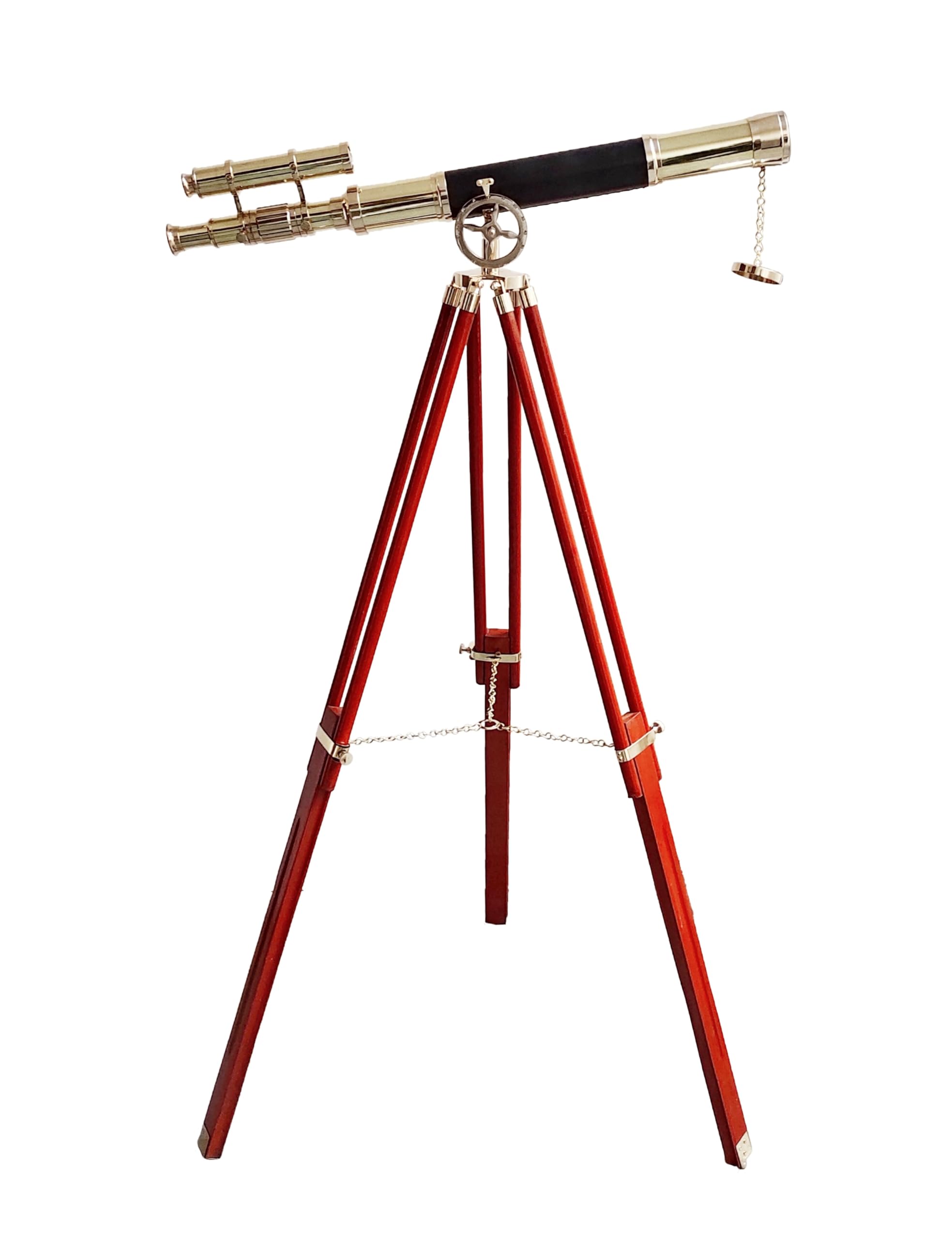 Double Barrel Vintage Telescope Shiny Brass Finish Wooden Brown Nautical Tripod Telescopes Spyglasses Leather Sailor Boat Decor Collectibles - Navirock
