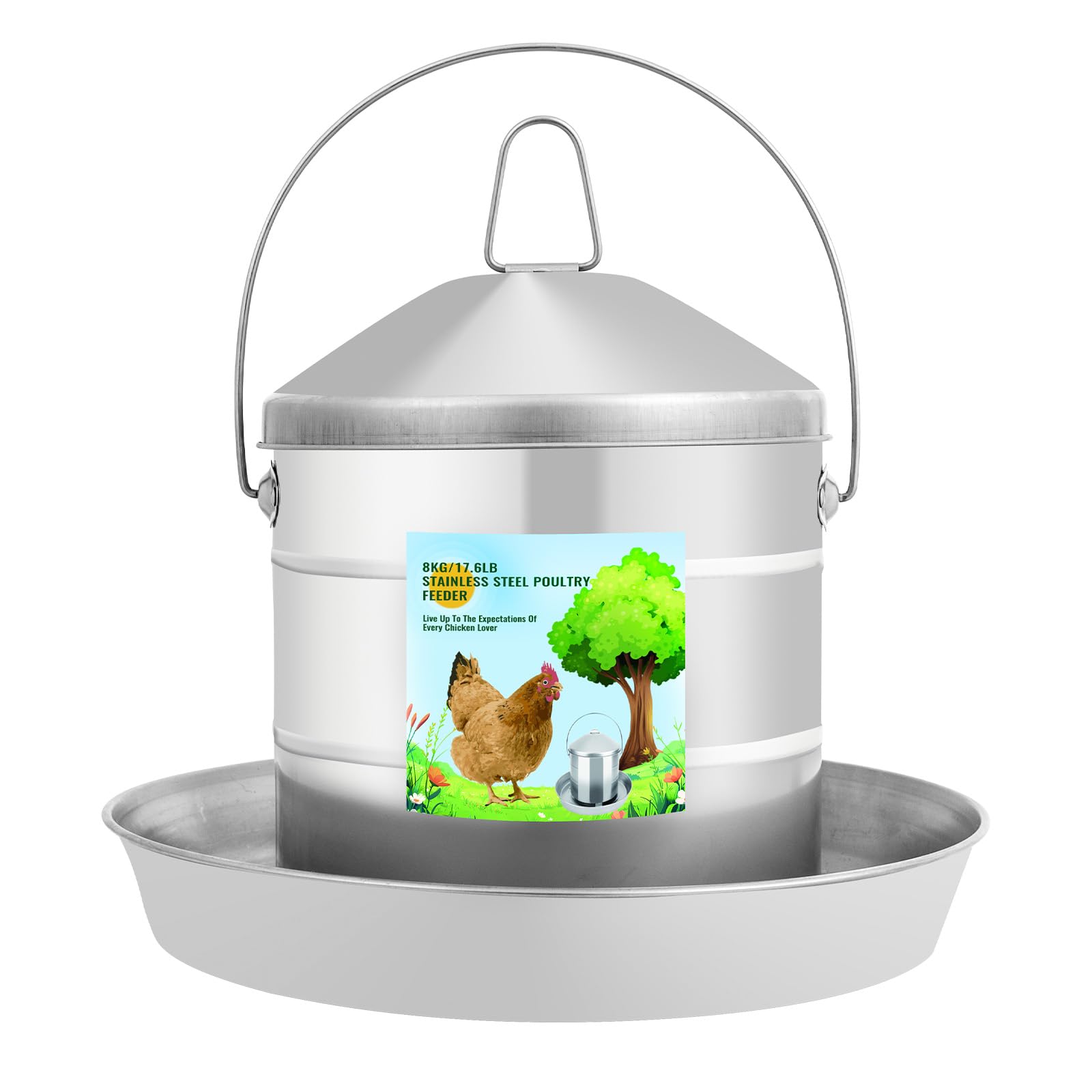 Automatic Chicken Waterer 8L/2.1Gal, 304 Food Grade Stainless Steel Heavy Duty Reliable Long-Lasting Poultry Waterer with Handle, High Strength Structure 0.035 Inch Metal Thickness