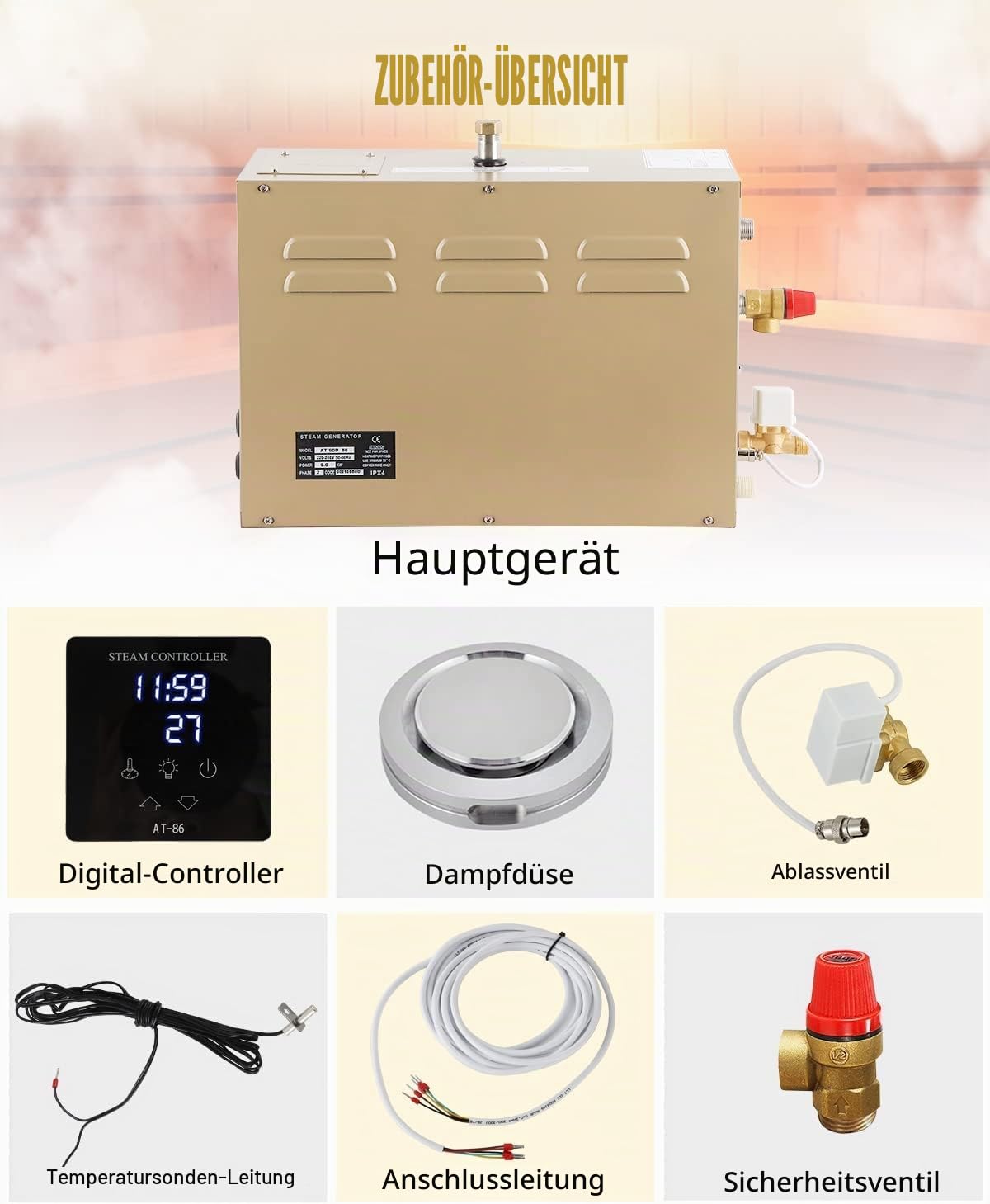 CGOLDENWALL 4.5 KW Sauan Dampfgenerator mit Automatischer Entwässerung 220 V für Zuhause und Gewerbe, Geeignet für Sauna/Dusche/Bade/SPA mit Intelligentem Touch-Controller 25-55°C, 3-4.5m3 Raumheizung