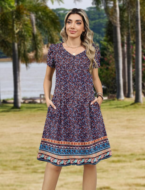 Image of Zeagoo Womens Summer A-Line Dress with Pockets Mini Short Sleeve Dresses Flowy Beach Swing Dress 2026 Vacation Travel