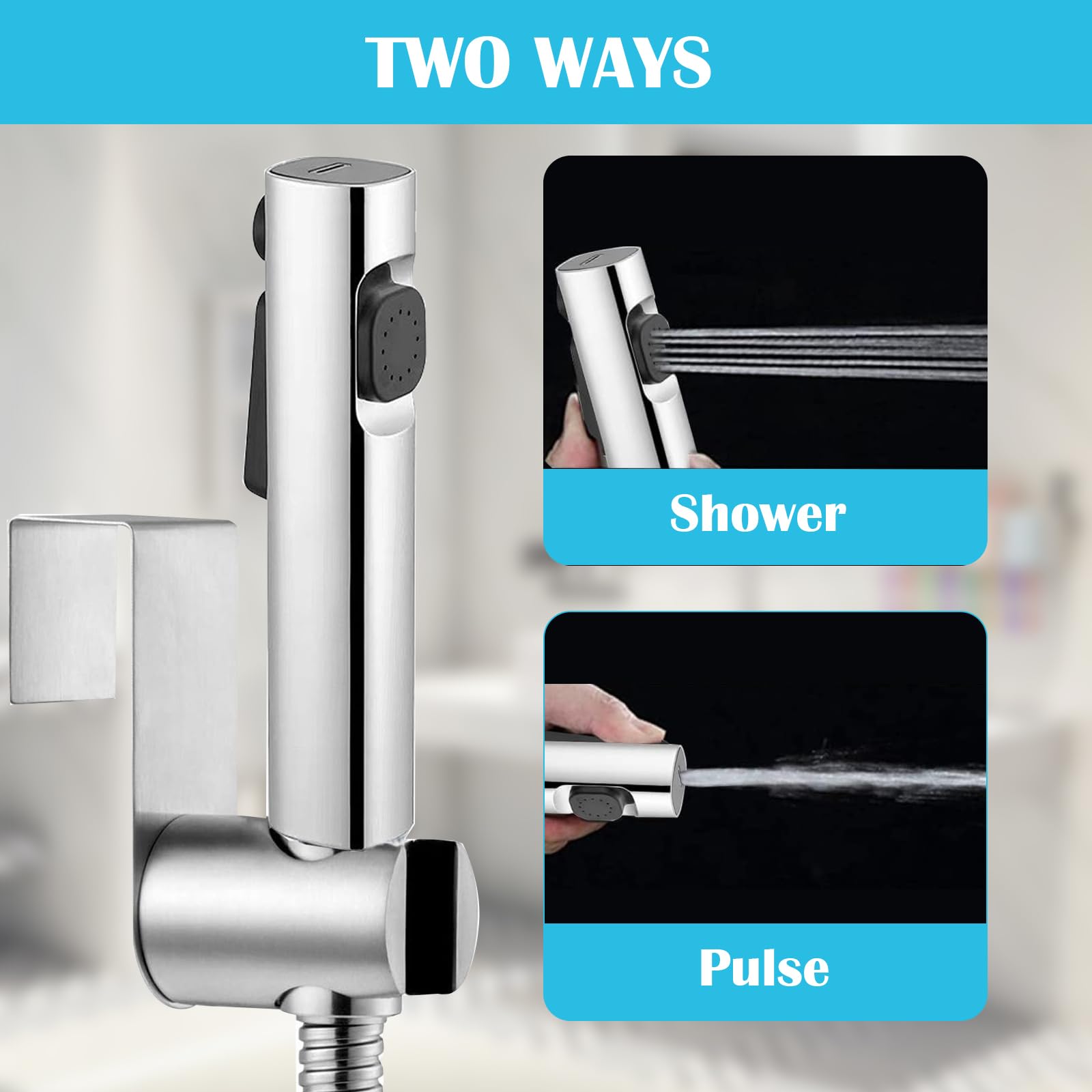Kit Douchette wc,ABS Pulvérisateur de toilette pour bidet,jet à deux fonctions, facile à installer, avec Vanne 3 Voies (1/2"-3/8"),tuyau de douche de 150 cm et support de douche(Argent)