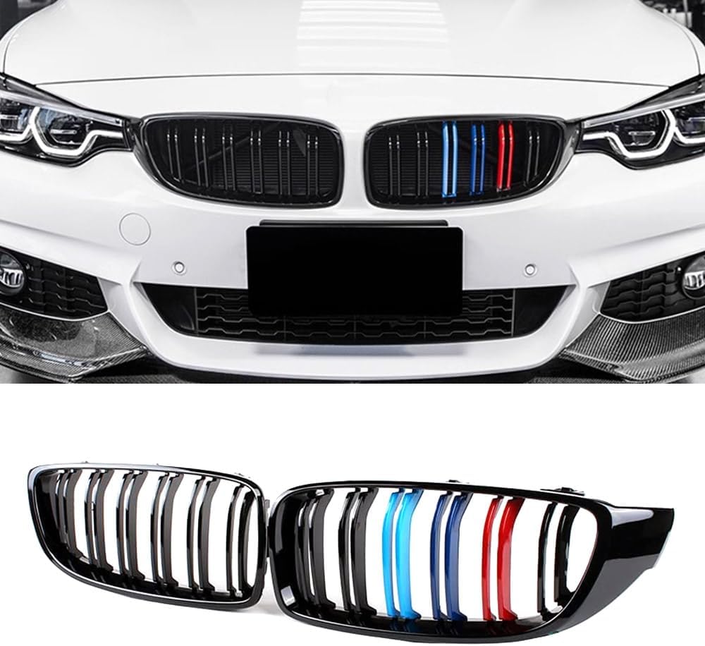 MAXDOM Replacement Front Upper Grill Fit for BMW (2014-2020) 4 Series F32 F33 F36 (2015-2019) F80 M3 F82 M4 – Gloss Black Double Slats Tricolor ABS Grille