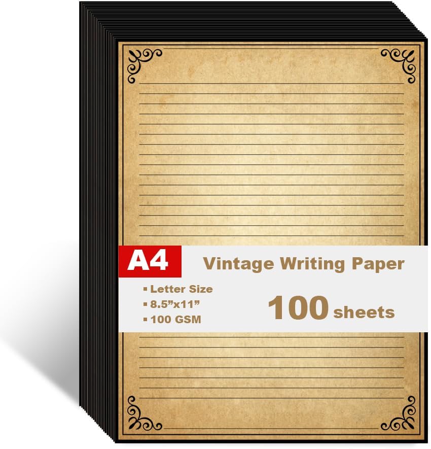 Vintage Lined Paper with Antique Border Design, 200 Sheets, Stationary Paper for Writing Letters, 100gsm, 11 x 8.5'', Aged Stationery for Writing Letters, Invitations, Stationery Writing Papers