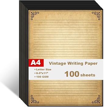 Vintage Lined Paper with Antique Border Design, 100 Sheets, Stationary Paper for Writing Letters, 100gsm, 11 x 8.5, Aged Stationery for Writing Letters, Invitations, Stationery Writing Papers