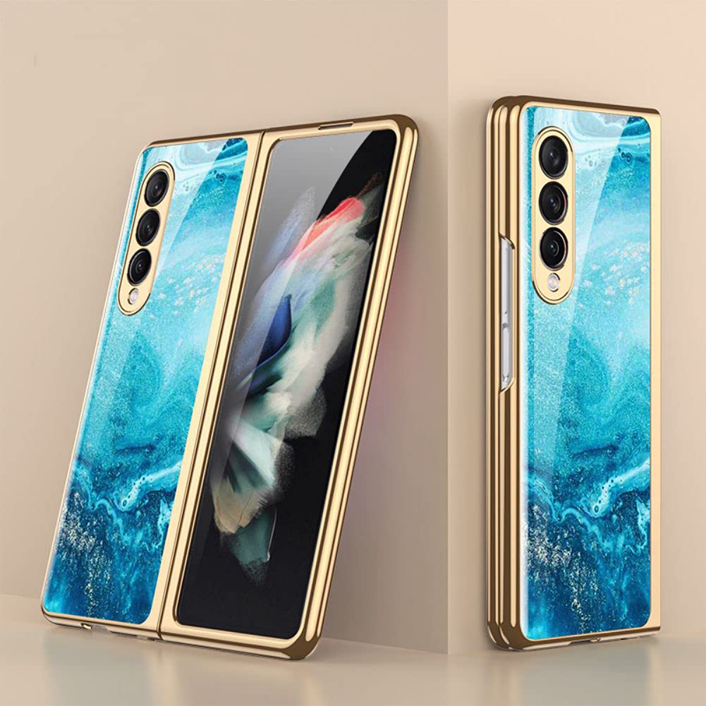 SHIEID Samsung Z Fold 3 Case, Z Fold 3 Case Ultra-Thin Tempered Glass Phone Case Protective Cover for Samsung Galaxy Z Fold 3 5G Fashion Electroplated PC Back Cover, Water Blue